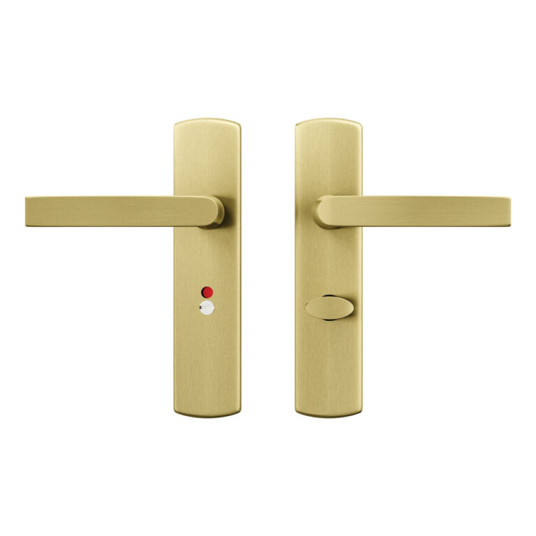 AXA Binnendeurbeslag Curve Klik kruk Toilet 63-8 Goud – Deurkruk op schild toilet