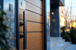 This closeup image showcases a stunning door handle on an elegant wooden door, highlighting its intricate design and exceptional craftsmanship, making it truly remarkable Scharnieren voor zware deuren